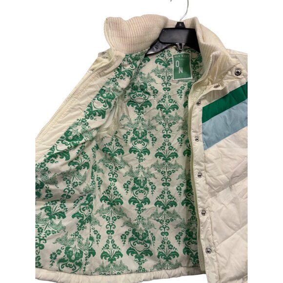 Vintage Old Navy Puffer Vest Women Medium White Nylon Chevron Green Blue Stripes - Picture 9 of 9